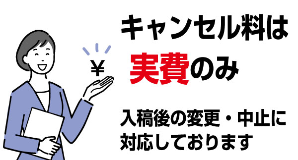 キャンセル料はデータ確認・面付け・印刷・断裁・加工・運賃などの作業ストップ時点での実費請求となります。